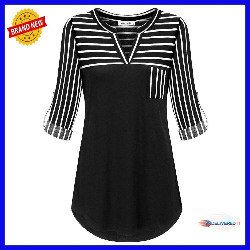 Long Sleeve V Neck Patchwork Blouse Roll Tab Sleeve Hi Low Hem